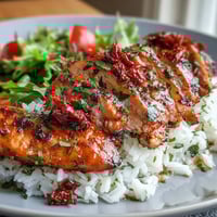 Juicy marinated chicken slices rest on fluffy white rice, with cherry tomatoes and crisp greens for a vibrant Sun-Dried Tomato Chicken Bowl.