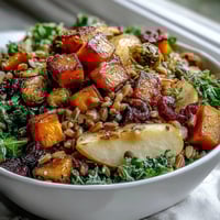 Golden roasted butternut squash and Brussels sprouts top a warm bowl of farro with kale and apples.
