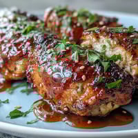 Golden baked chicken thighs glazed with sweet honey garlic sauce, served on a rustic white plate with fresh parsley garnish.