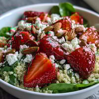 A vibrant strawberry feta quinoa salad with fresh spinach, juicy berries, and tangy balsamic dressing.  