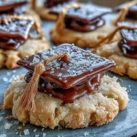 Graduation Cookies: Diploma and Cap shimmering with edible gold icing details.
