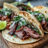 Juicy smoked brisket tacos piled high with bright pickled red onions, perfect for dinner.